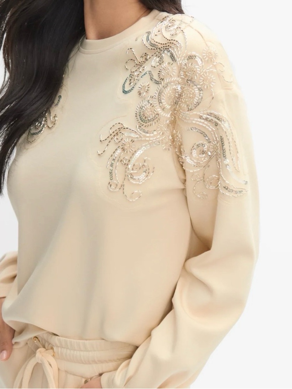 Embellished Cream Crewneck Sweatshirt
